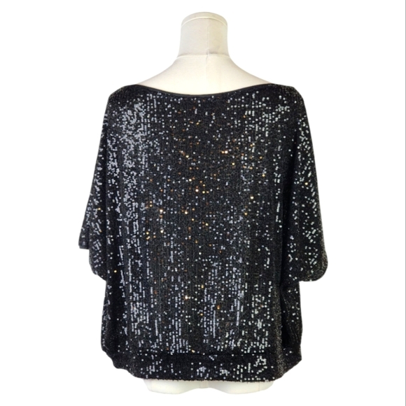 Venus Black Sequin Batwing Top XL Sparkly Semi-Sheer Party Blouse Glam - Picture 4 of 8